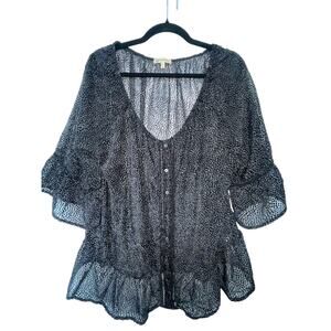 Democracy Sheer Peplum Blouse 1X Black White Dot Bell Sleeve